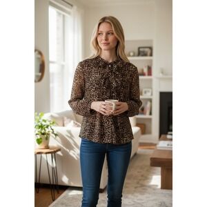 Tahari ASL Sheer Leopard Print‎ Blouse Ruffle Chic Cocktail Work 2X